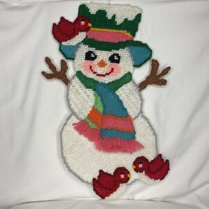 Vtg Christmas Snowman Plastic Canvas Hanging Wall Door Decor Holiday 16.5”
